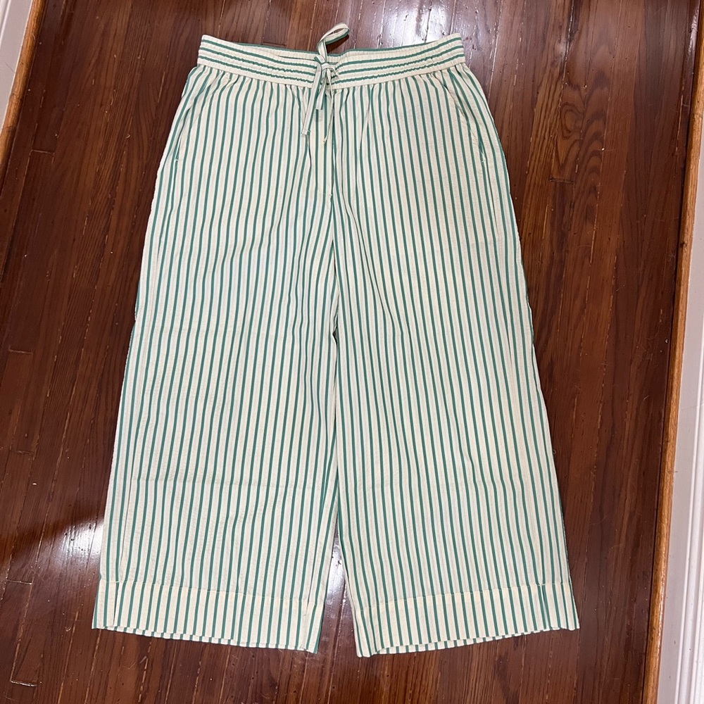 BANANA REPUBLIC Factory Green and White Stripe Wide Leg Crop Pants L NWOT